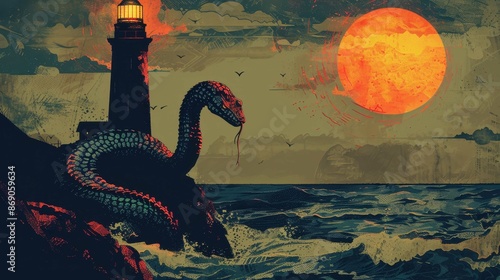 Mysterious illustration of a sea serpent emerging near a lighthouse under a full moon, blending fantasy and maritime elements.