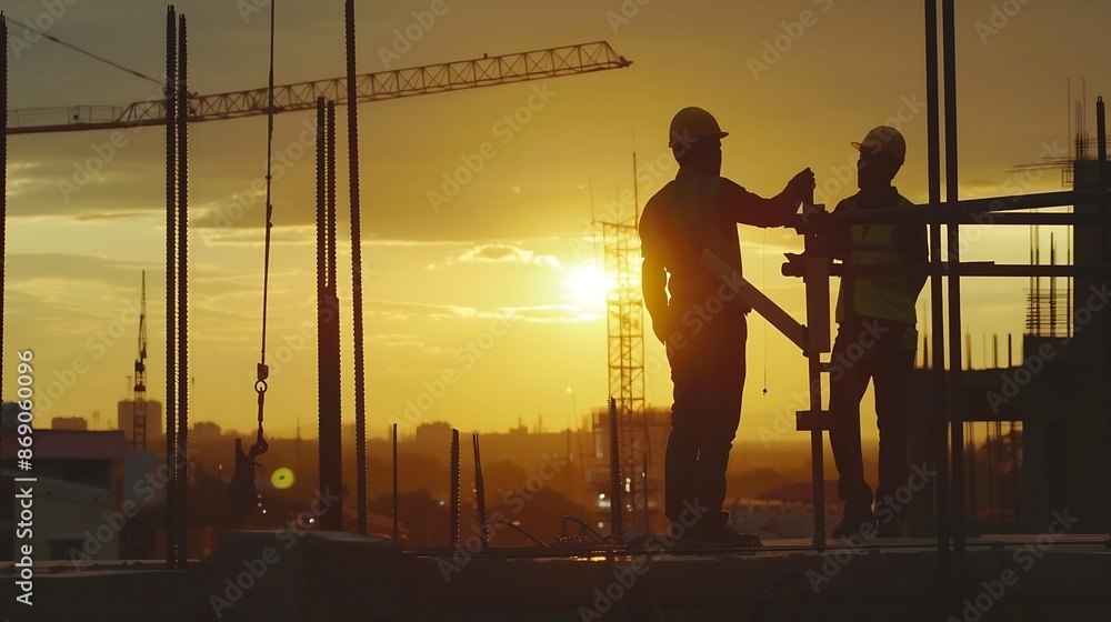 Silhouette of Engineer and worker checking project at building site background construction site at sunset in evening time : Generative AI Silhouette of Engineer and worker checking project at building site background construction site at sunset in evening time : Generative AI