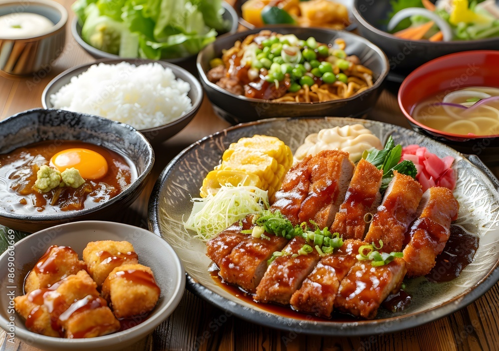 Japanese Cuisine Meal Set With Fried Pork Cutlet Japanese Cuisine Meal Set With Fried Pork Cutlet