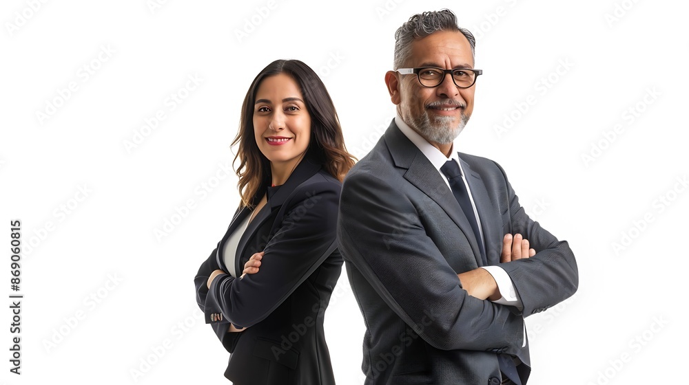 Portrait of two smiling mature Latin business man European business woman standing arms crossed isolated on white background Diverse team confident professional business people Banner : Generative AI Portrait of two smiling mature Latin business man European business woman standing arms crossed isolated on white background Diverse team confident professional business people Banner : Generative AI