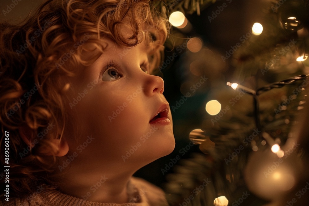 A close-up portrait of a child in profile looking with interest at a New Year tree and garland.Curly one year old cute Baby on the background of a glowing Christmas garland A close-up portrait of a child in profile looking with interest at a New Year tree and garland.Curly one year old cute Baby on the background of a glowing Christmas garland