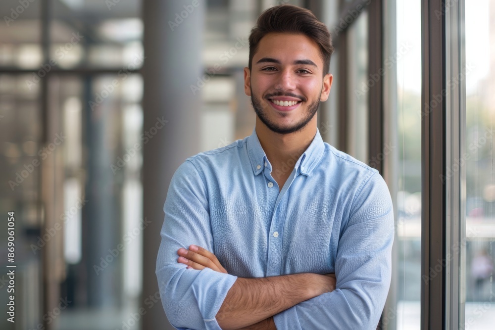 portrait of young male executive standing with crossed arms dressed in casual clothing portrait of young male executive standing with crossed arms dressed in casual clothing