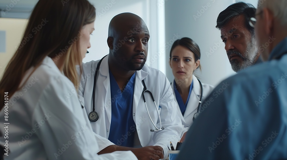 Fototapeta premium A diverse group of healthcare professionals including doctors nurses and specialists engaging in a collaborative meeting to discuss medical cases and share expertise in a hospital : Generative AI