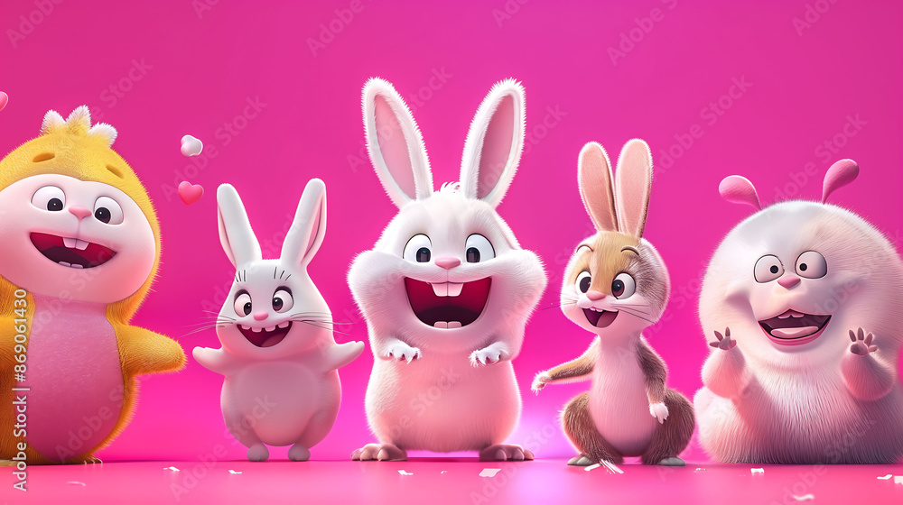 Happy-go-lucky critters with big smiles, posing against a bright pink backdrop Happy-go-lucky critters with big smiles, posing against a bright pink backdrop