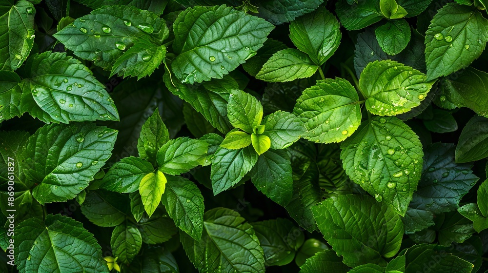 Green leaves with water drops on them. Green leaves with water drops on them.