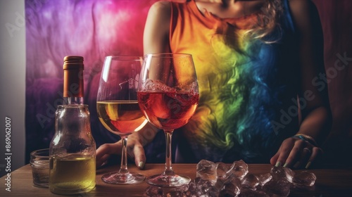 alcoholism, alcohol addiction and people concept - drunk woman or alcoholic woman drinking wine and spirits at home, alcohol problems. photo