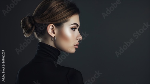 Art portrait woman in black turtleneck Hair high beam perfect profile face Elegant beauty style Earrings in the ears : Generative AI