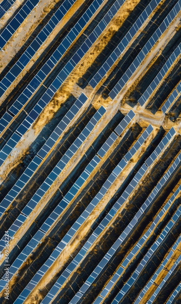 Aerial view of a solar farm with rows of photovoltaic panels capturing renewable energy from the sun Aerial view of a solar farm with rows of photovoltaic panels capturing renewable energy from the sun