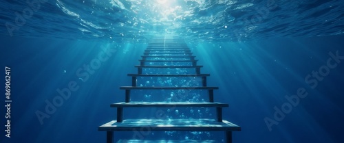 Blue water with ripples Surreal underwater scene a staircase lea photo