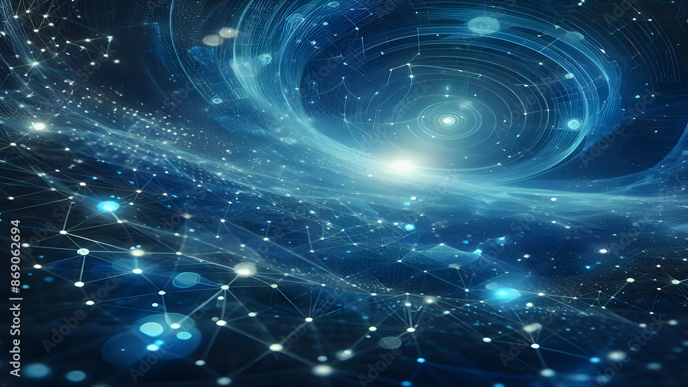 Obraz premium Blue abstract background with network grid and particles