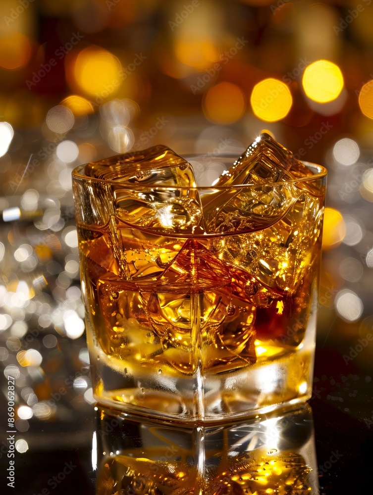 A glass of whiskey with ice cubes on a table. A glass of whiskey with ice cubes on a table.