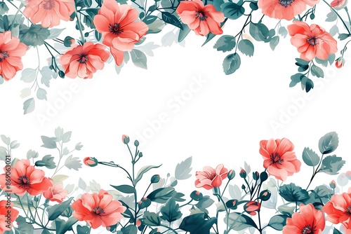 A floral border with elegant red flowers and green leaves arranged artistically around the edges of a white background. The design is a perfect frame for invitations and greeting cards.