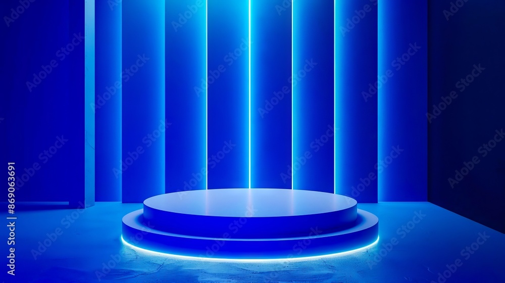 A blue light is shining on a white pedestal. A blue light is shining on a white pedestal.