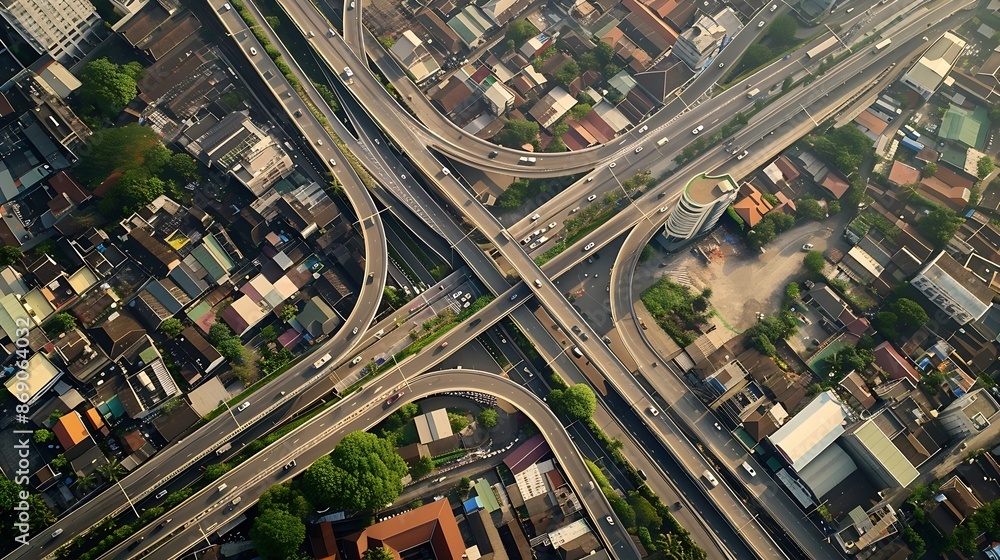 Naklejka premium Aerial top down view of a multilevel road junction on Jakarta city during sunny summer day with light traffic : Generative AI