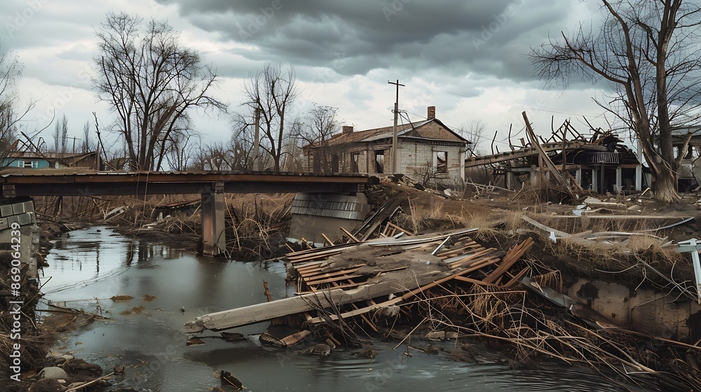 The remains of a destroyed bridge in Bogorodichne Donetsk reg The village was devastated by Russian forces : Generative AI The remains of a destroyed bridge in Bogorodichne Donetsk reg The village was devastated by Russian forces : Generative AI