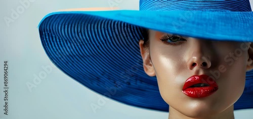 A woman wearing blue hat and lipstick. National Hat Day concept