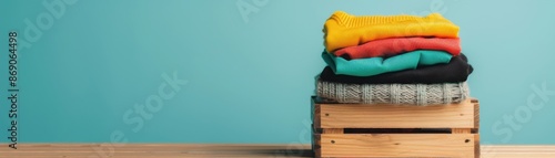 Stack of colorful folded clothes in wooden box on blue background. Laundry, cleanliness, and organization concept. Space for copy.