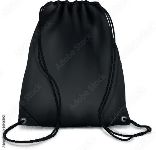 Black drawstring backpack mock up sport bag for shoes pack realistic vector illustration