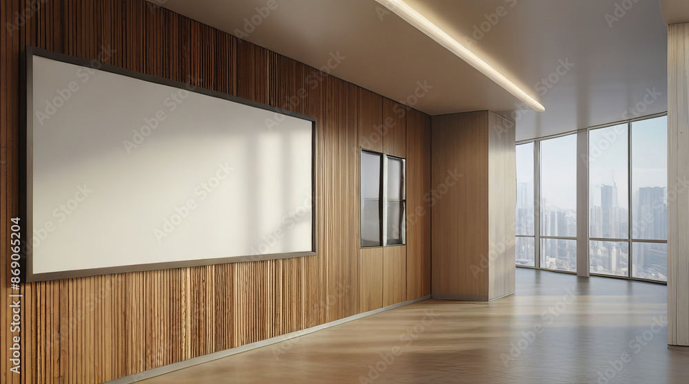 Obraz premium Empty Framed Poster on Wooden Wall in Modern, Well-Lit Office Hallway with Large Windows
