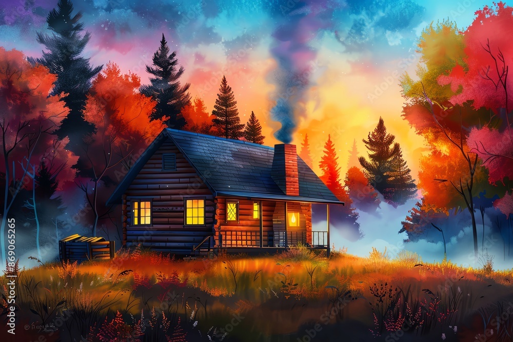 A cozy cabin in the woods during autumn with vibrant foliage, smoke from the chimney, and a warm, inviting glow from the windows. A cozy cabin in the woods during autumn with vibrant foliage, smoke from the chimney, and a warm, inviting glow from the windows.