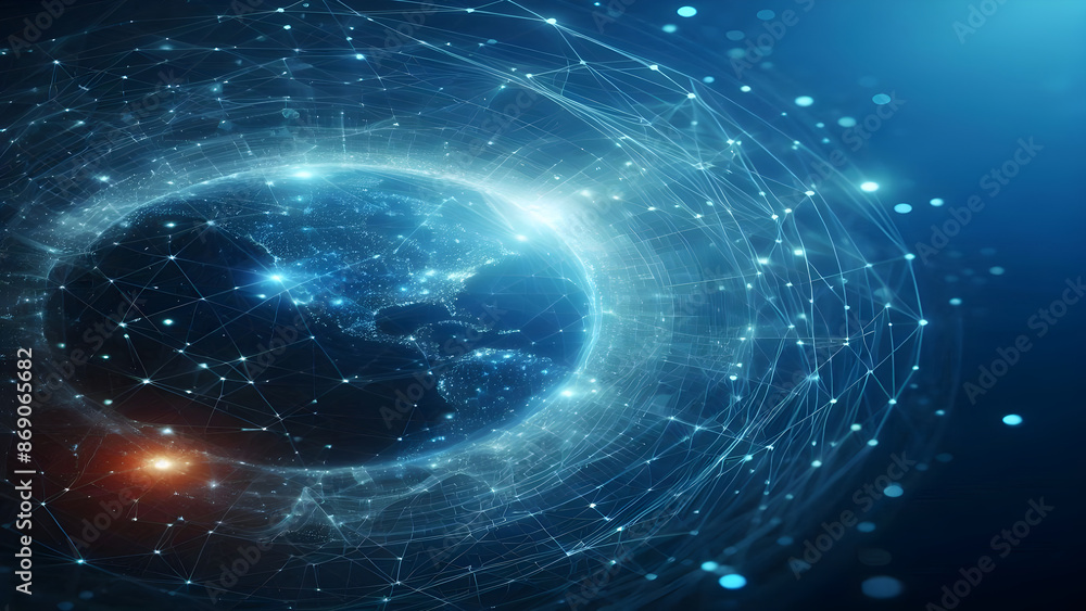 Fototapeta premium Blue abstract background with network grid and particles