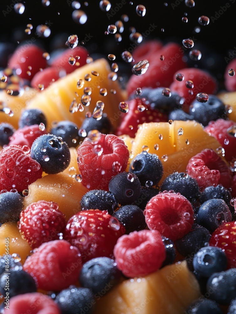 A Close-Up of a Vibrant and Fresh Mixed Fruit Salad Featuring Strawberries, Bananas, Pineapples, Kiwis, and Blackberries Under Refreshing Water Drops, Perfect for a Healthy Summer Snack A Close-Up of a Vibrant and Fresh Mixed Fruit Salad Featuring Strawberries, Bananas, Pineapples, Kiwis, and Blackberries Under Refreshing Water Drops, Perfect for a Healthy Summer Snack