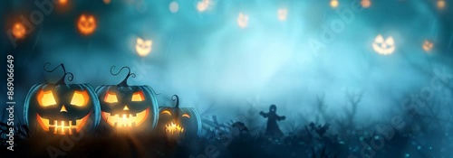 A Halloween scene with a spooky dark background and pumpkins with their faces lit up. Scene is eerie and mysterious.