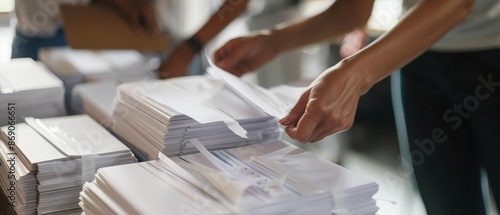 Close-up of hands sorting election ballots, national elections, vote counting