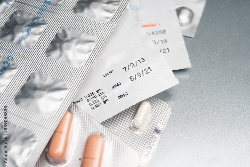 Drug expiration dates . Expiry date on packet of medication