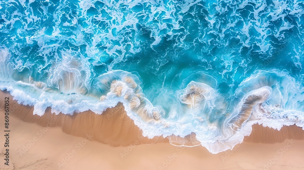 Obraz premium Aerial Top Down View Of Blue Ocean Waves Breaking Onto Sand At Bronte Beach Sydney Australia : Generative AI