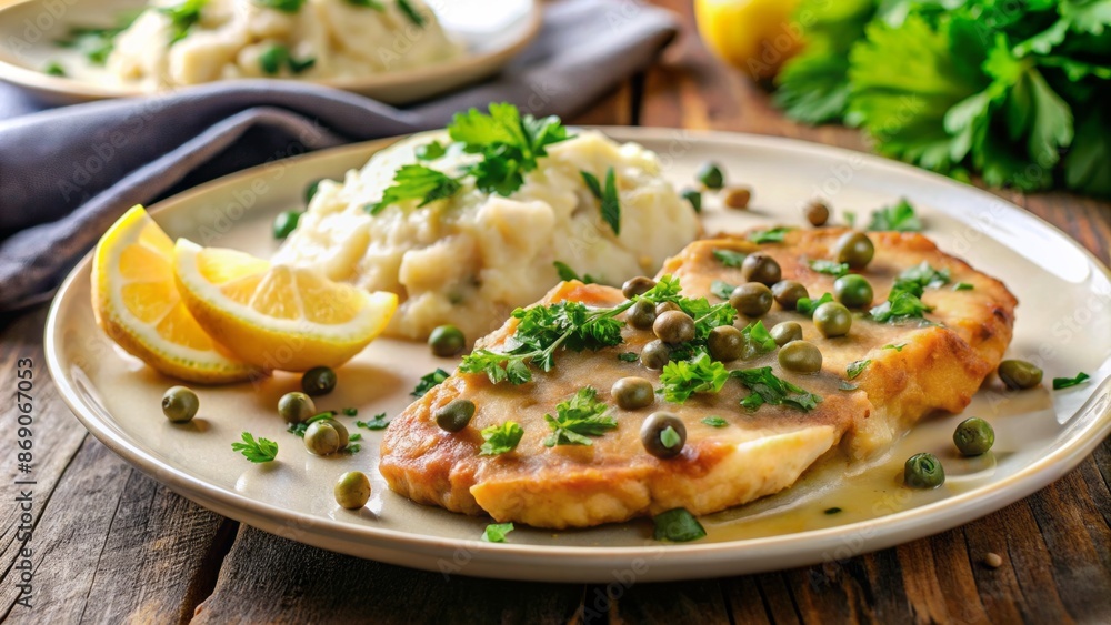 A Delicious And Easy To Make Veal Piccata With A Creamy Lemon Sauce, Served With Mashed Potatoes And Green Beans. A Delicious And Easy To Make Veal Piccata With A Creamy Lemon Sauce, Served With Mashed Potatoes And Green Beans.