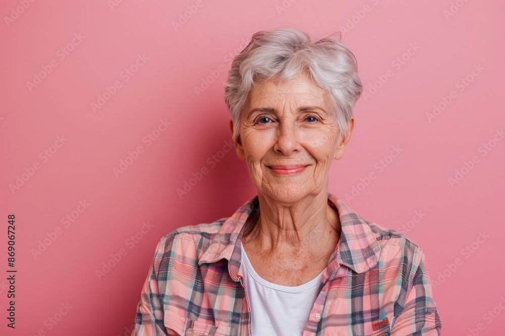 Smiling senior woman wearing casual shirt on pink background