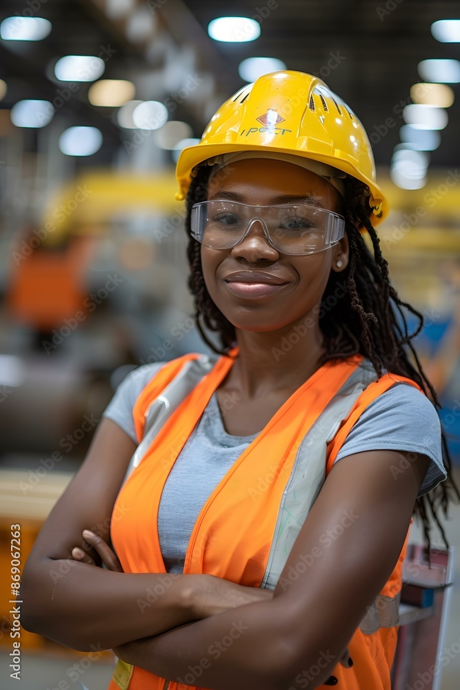 Portrait of a smiling female factory worker wearing a hard hat and safety glasses Portrait of a smiling female factory worker wearing a hard hat and safety glasses