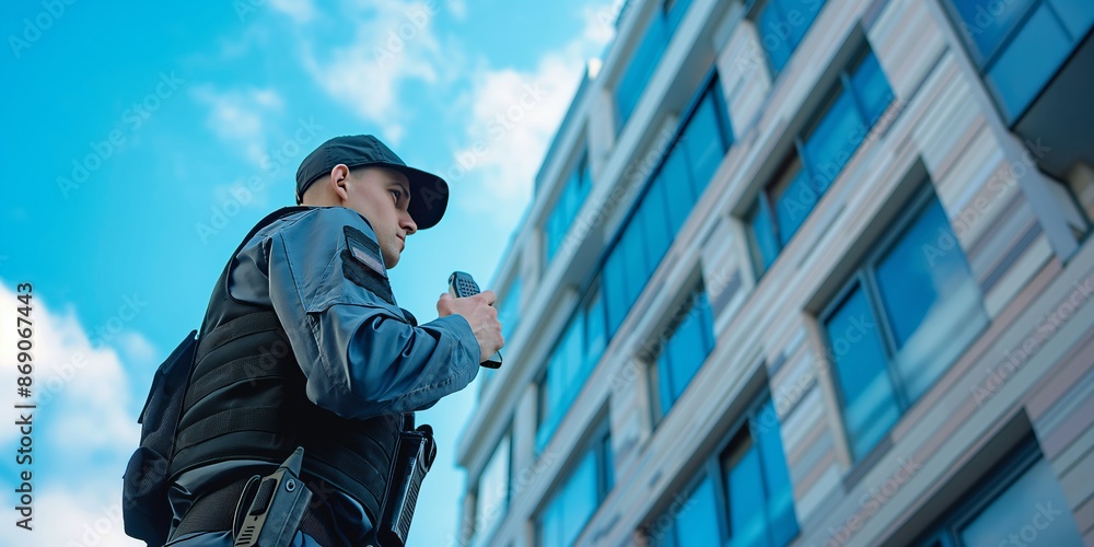 Security officer holding a communication device, standing vigilantly in front of a modern building, representing security surveillance and the importance of safety measures. Security officer holding a communication device, standing vigilantly in front of a modern building, representing security surveillance and the importance of safety measures.