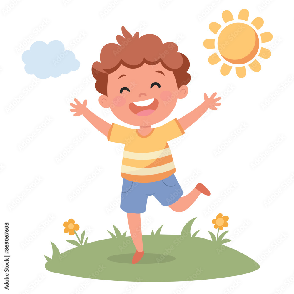 Cute Little Boy Jumping and Smiling with Sun Vector Illustration Cute Little Boy Jumping and Smiling with Sun Vector Illustration