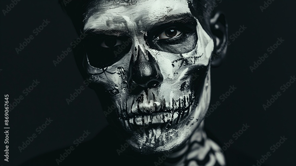 Halloween face horror with skull. Black dark portrait mask. Monster evil death fear, makeup spooky zombie skeleton. Dead person, young art. Gothic costume, scary make up. Paint Halloween face horror with skull. Black dark portrait mask. Monster evil death fear, makeup spooky zombie skeleton. Dead person, young art. Gothic costume, scary make up. Paint
