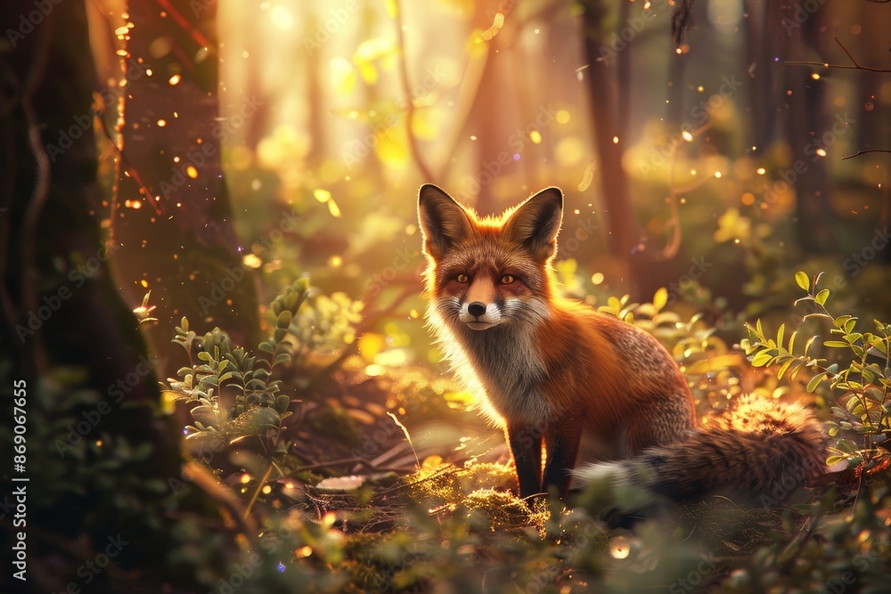 Fototapeta premium A red fox sitting in the middle of a dense forest, A whimsical scene of a curious fox exploring a sunlit forest