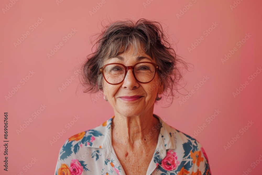Smiling senior woman wearing casual shirt on pink background Smiling senior woman wearing casual shirt on pink background