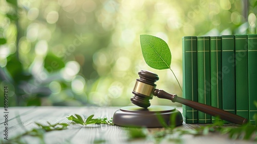 Gavel and a stack of renewable energy law books, green governance, environmental protection