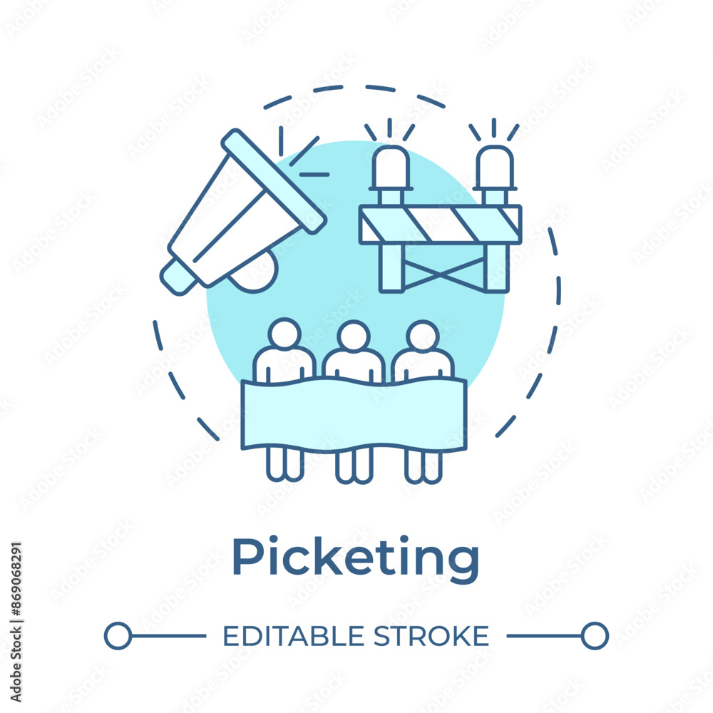 Picketing soft blue concept icon. Labor protest, workers strike. Working conditions. Round shape line illustration. Abstract idea. Graphic design. Easy to use in infographic, presentation
