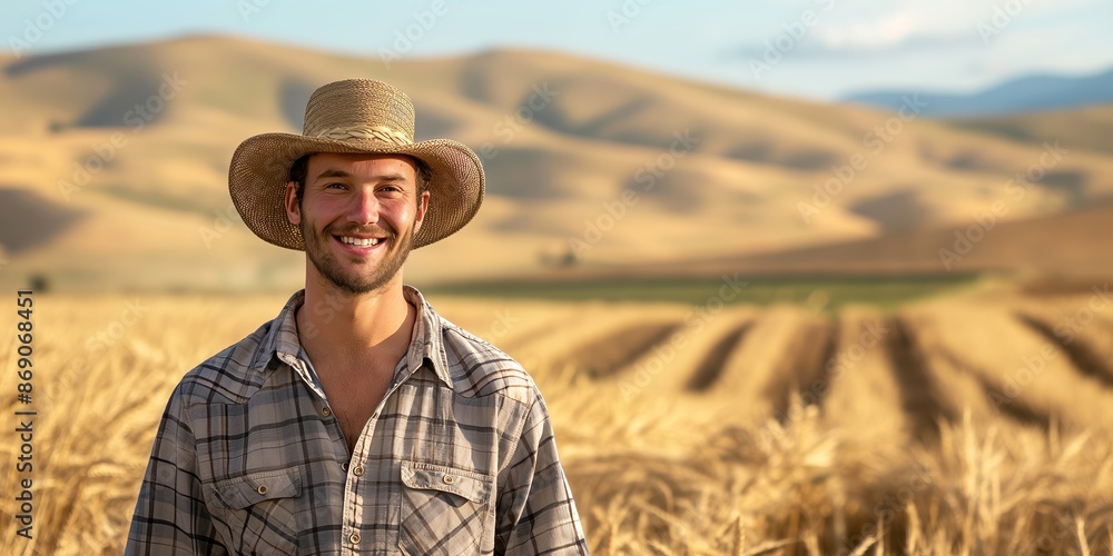 Obraz premium A happy farmer stands amidst a wheat field, wearing a hat and a plaid shirt. The background reveals golden rolling hills under a clear sky, portraying peace and prosperity.