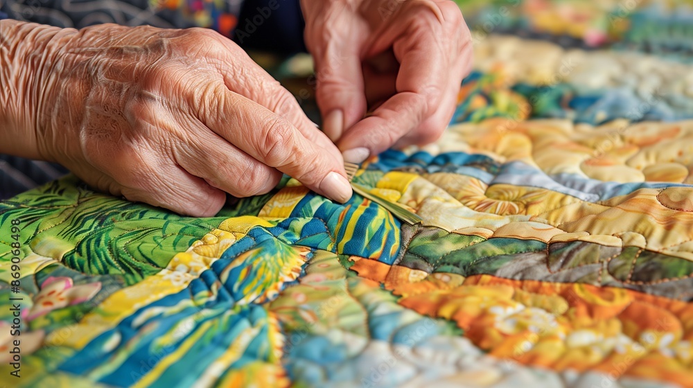 A quilter's hands meticulously place fabric pieces, bringing a famous painting's intricate design to life. A quilter's hands meticulously place fabric pieces, bringing a famous painting's intricate design to life.
