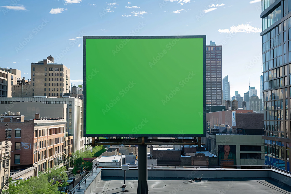 A sophisticated vertical blank green screen billboard mock-up, strategically located on a rooftop terrace in a trendy downtown district. The billboard's high-resolution 32k display capability A sophisticated vertical blank green screen billboard mock-up, strategically located on a rooftop terrace in a trendy downtown district. The billboard's high-resolution 32k display capability