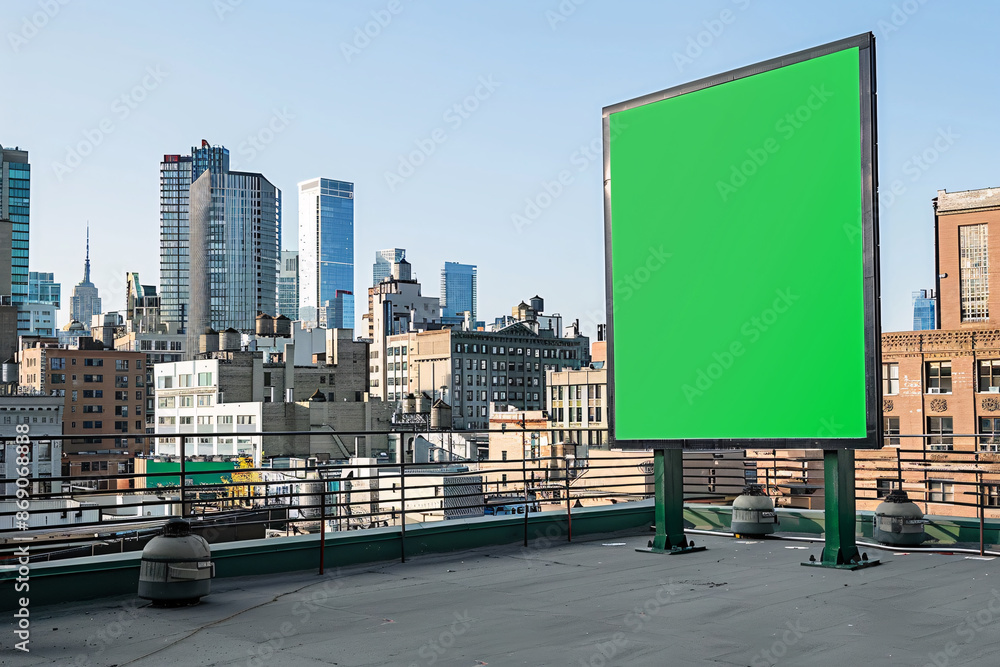 A sophisticated vertical blank green screen billboard mock-up, strategically located on a rooftop terrace in a trendy downtown district. The billboard's high-resolution 32k display capability A sophisticated vertical blank green screen billboard mock-up, strategically located on a rooftop terrace in a trendy downtown district. The billboard's high-resolution 32k display capability