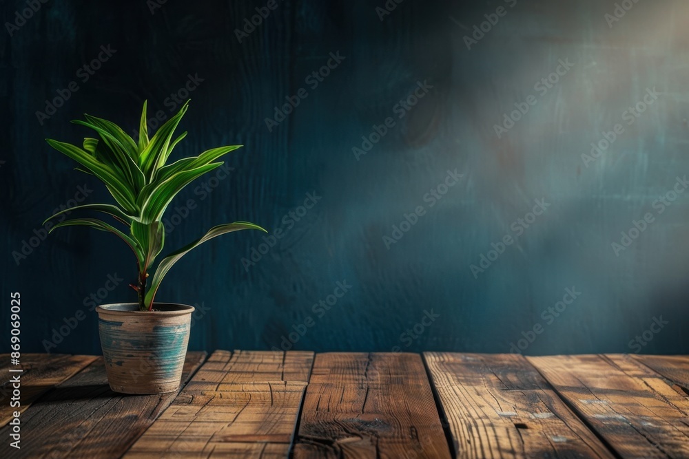 Green Plant in Pot on Rustic Wooden Table Green Plant in Pot on Rustic Wooden Table