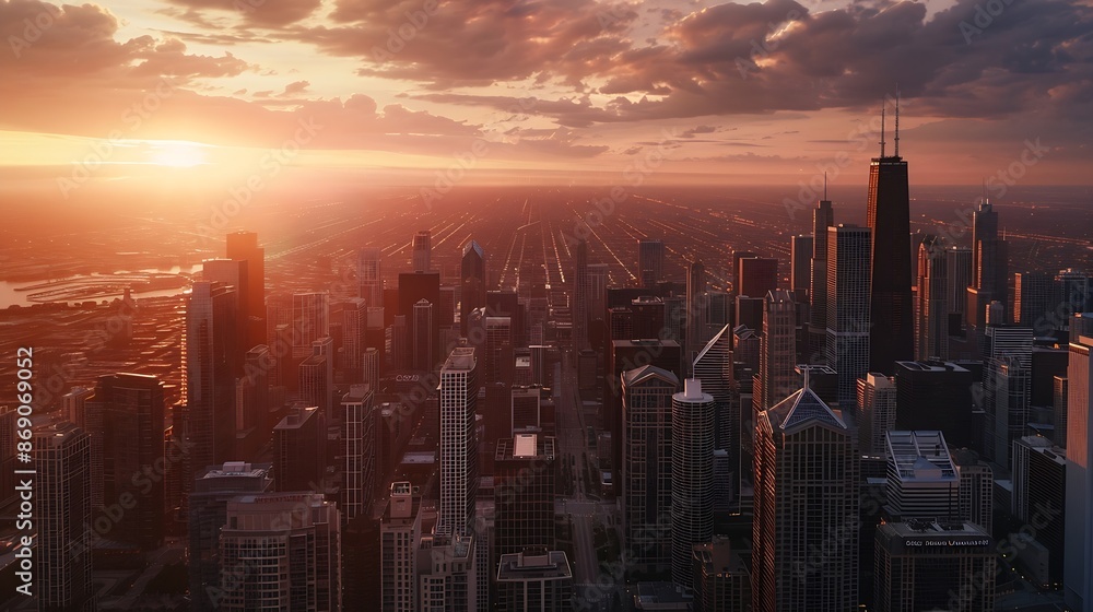 Fototapeta premium Chicago building city view from observation deck high level with sunset sky cityscape of Michihan USA United states of america : Generative AI