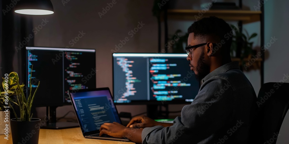 In a dimly lit room, a determined coder is seen programming on a laptop, surrounded by multiple monitors displaying code, highlighting a dedication to computing tasks. In a dimly lit room, a determined coder is seen programming on a laptop, surrounded by multiple monitors displaying code, highlighting a dedication to computing tasks.