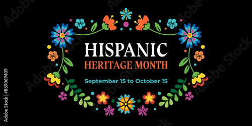 Vector web banner Hispanic heritage month. Poster, card for social media, networks. Greeting with national Hispanic heritage month text, frame, vignette with flowers on floral pattern background.