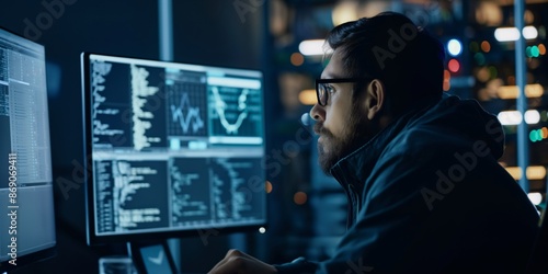 A user meticulously analyzing data on multiple monitors, within a high-tech environment signifies the complexity and significance of handling vast amounts of information in today's era.