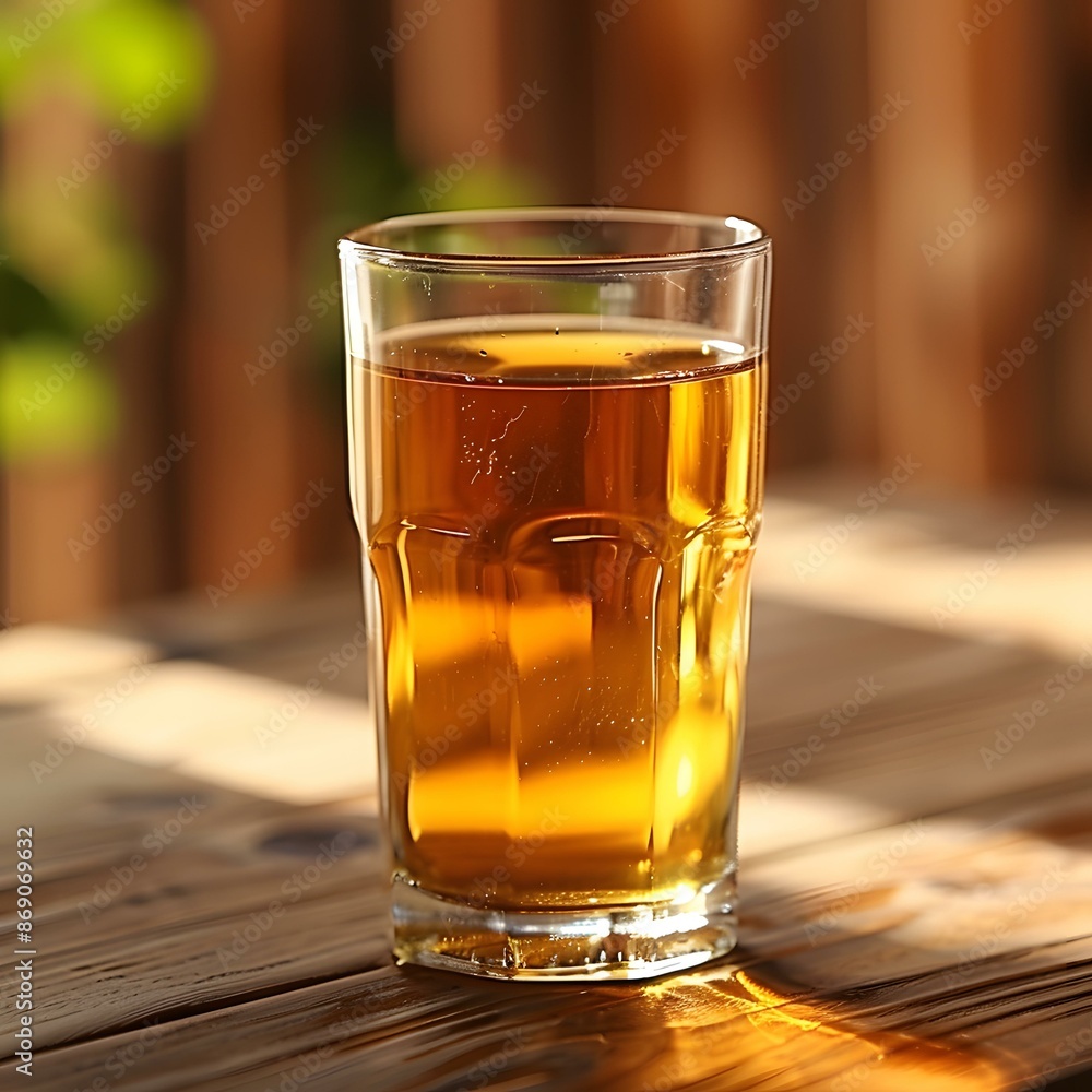 Glass of Cold Refreshing Apple Juice on a Wooden Table Glass of Cold Refreshing Apple Juice on a Wooden Table